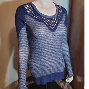 JAKES Womens Blue Ribbed Semi-Sheer Sweater Sz Small Open Crochet Neck Indie